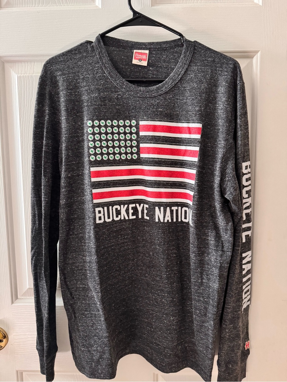 HOMAGE Charcoal Graphic Long Sleeve Tee with Red & White Flag Detail